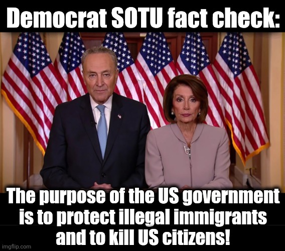 Wicked, wicked orange man! | Democrat SOTU fact check:; The purpose of the US government
is to protect illegal immigrants
and to kill US citizens! | image tagged in pelosi and schumer,memes,democrats,state of the union,trump derangement syndrome,illegal immigrants | made w/ Imgflip meme maker