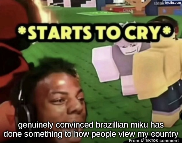 brazillian miku has gotta be some sort of racist, why is she darkskinned bro, i know brazillians and most of them were white | genuinely convinced brazillian miku has done something to how people view my country | image tagged in starts to cry | made w/ Imgflip meme maker