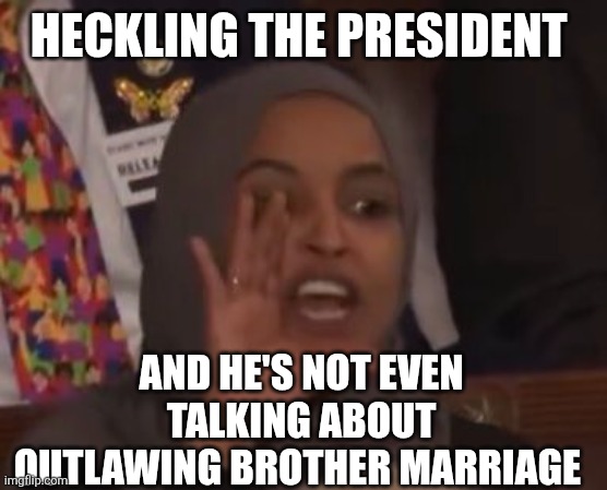 Ilhan Omar | HECKLING THE PRESIDENT; AND HE'S NOT EVEN TALKING ABOUT OUTLAWING BROTHER MARRIAGE | image tagged in politics | made w/ Imgflip meme maker