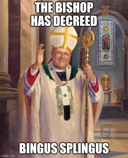 catholic bishop | THE BISHOP HAS DECREED; BINGUS SPLINGUS | image tagged in catholic bishop | made w/ Imgflip meme maker