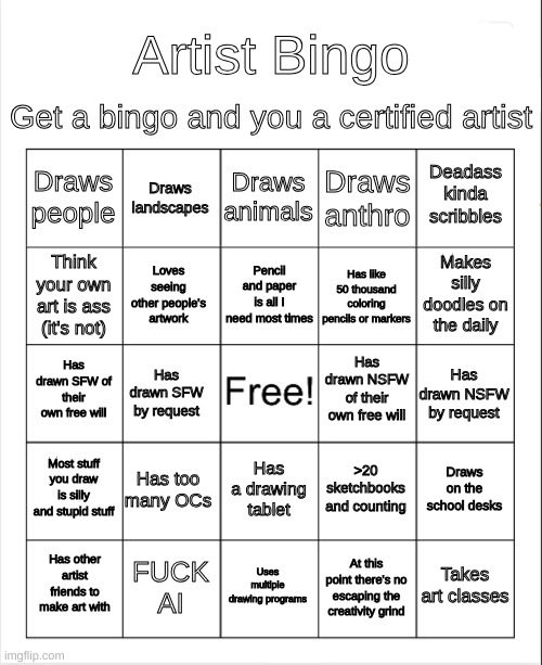 Artist Bingo Blank Meme Template