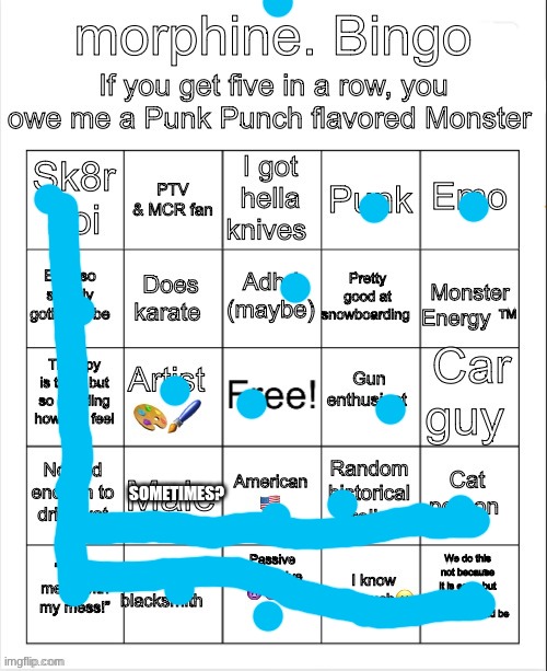 Im too broke to give u a monster my bro | SOMETIMES? | image tagged in morphine bingo | made w/ Imgflip meme maker