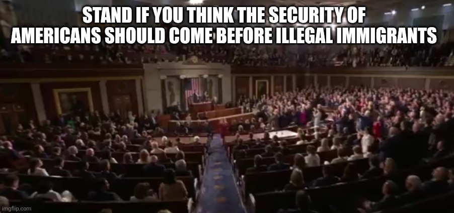 How is this controversial or political? | STAND IF YOU THINK THE SECURITY OF AMERICANS SHOULD COME BEFORE ILLEGAL IMMIGRANTS | image tagged in left,right,state of the union,illegal immigration | made w/ Imgflip meme maker