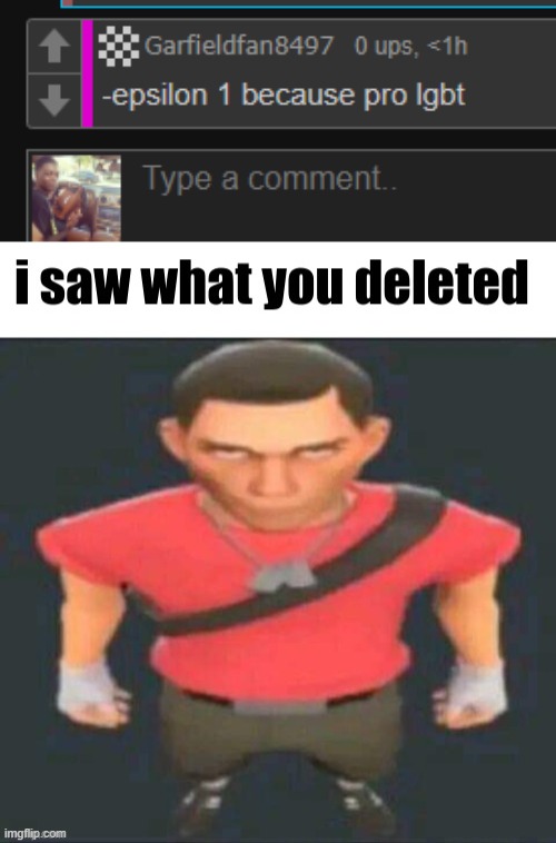 i saw what you deleted | image tagged in i saw what you deleted scout | made w/ Imgflip meme maker