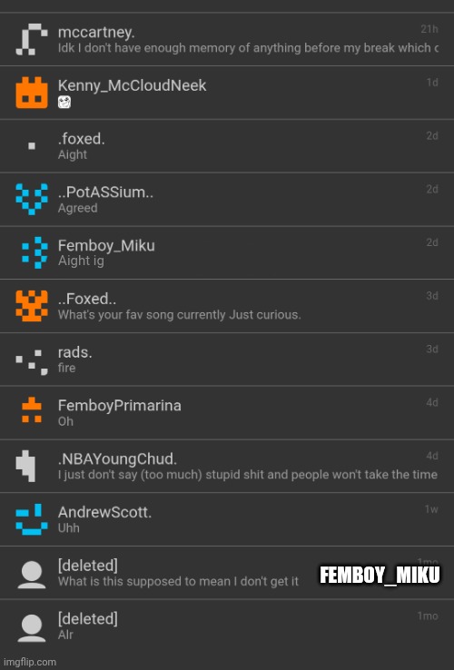 All the chats I've had on this acc so far. If you wanna join the collection just ask I'm down to talk. | Aight ig; FEMBOY_MIKU | made w/ Imgflip meme maker