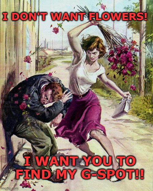 I DON'T WANT FLOWERS! I WANT YOU TO FIND MY G-SPOT!! | image tagged in funny | made w/ Imgflip meme maker