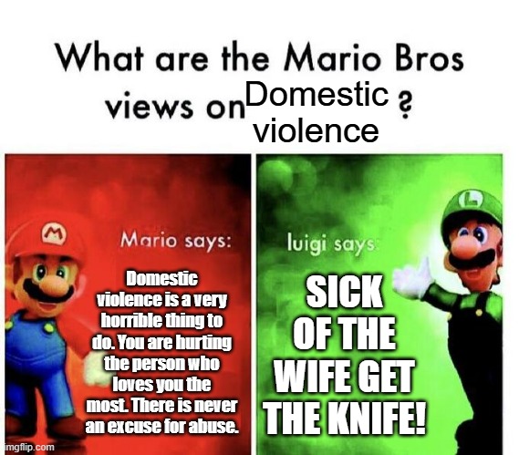 Mario Bros Views | Domestic violence; Domestic violence is a very horrible thing to do. You are hurting the person who loves you the most. There is never an excuse for abuse. SICK OF THE WIFE GET THE KNIFE! | image tagged in mario bros views,memes,funny,dark humor | made w/ Imgflip meme maker