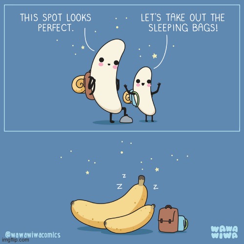 image tagged in bananas,hiking,peels,banana peels,sleeping,sleeping bags | made w/ Imgflip meme maker