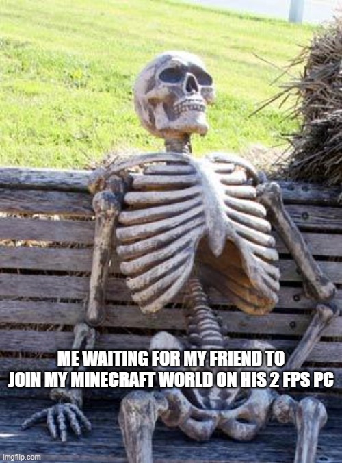 Waiting Skeleton | ME WAITING FOR MY FRIEND TO JOIN MY MINECRAFT WORLD ON HIS 2 FPS PC | image tagged in memes,waiting skeleton | made w/ Imgflip meme maker