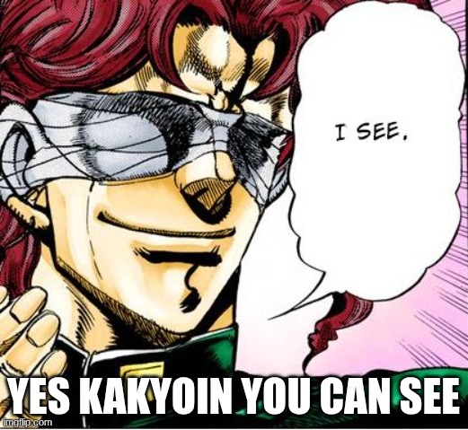 Blind Kakyoin 2 | YES KAKYOIN YOU CAN SEE | image tagged in blind kakyoin 2 | made w/ Imgflip meme maker