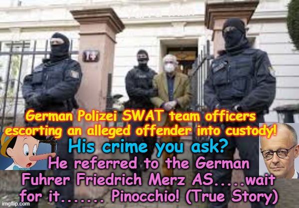 Following an intensive in investigation, German Police have arrested a suspect who following criminal Social Media comments! | Yarra Man; German Polizei SWAT team officers escorting an alleged offender into custody! His crime you ask? He referred to the German Fuhrer Friedrich Merz AS.....wait for it....... Pinocchio! (True Story) | image tagged in friedrich merz pinocchio,nazi germany uk australia iran,china north korea russia,ultra far left labor labour,communists | made w/ Imgflip meme maker