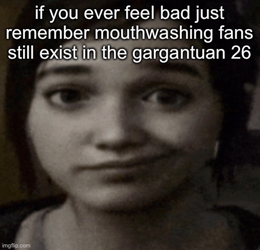 ellie | if you ever feel bad just remember mouthwashing fans still exist in the gargantuan 26 | image tagged in ellie | made w/ Imgflip meme maker