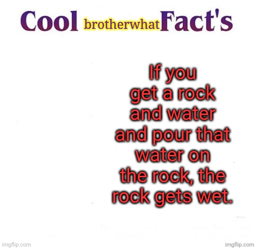 joke facts Part 3 | brotherwhat; If you get a rock and water and pour that water on the rock, the rock gets wet. | image tagged in cool facts | made w/ Imgflip meme maker