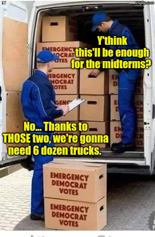 Emergency Democrat Votes | Y'think this'll be enough for the midterms? No... Thanks to THOSE two, we're gonna need 6 dozen trucks. | image tagged in emergency democrat votes | made w/ Imgflip meme maker