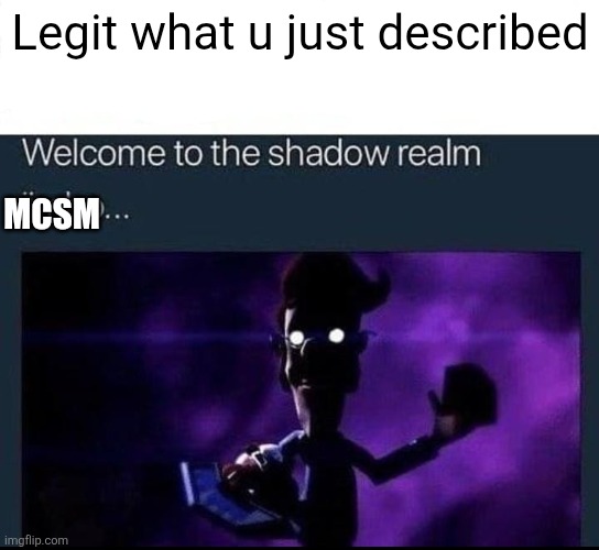 Welcome to the Shadow Realm Jimbo | Legit what u just described MCSM | image tagged in welcome to the shadow realm jimbo | made w/ Imgflip meme maker