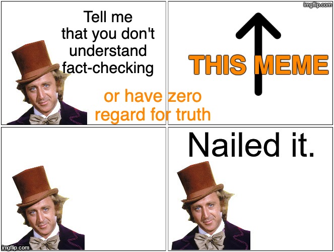 Nailed It Wonka | Tell me that you don't understand fact-checking or have zero regard for truth THIS MEME | image tagged in nailed it wonka | made w/ Imgflip meme maker
