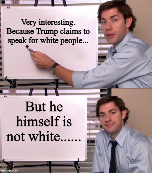 Jim Halpert Explains | Very interesting. Because Trump claims to speak for white people... But he himself is not white...... | image tagged in jim halpert explains | made w/ Imgflip meme maker