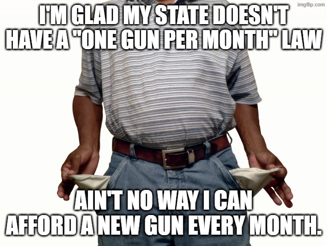 empty pockets | I'M GLAD MY STATE DOESN'T HAVE A "ONE GUN PER MONTH" LAW; AIN'T NO WAY I CAN AFFORD A NEW GUN EVERY MONTH. | image tagged in empty pockets,guns,gun control | made w/ Imgflip meme maker