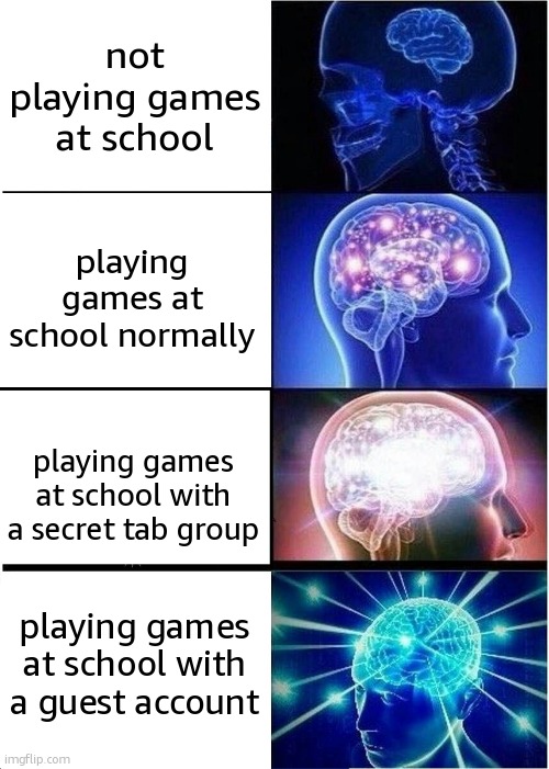 a title | not playing games at school; playing games at school normally; playing games at school with a secret tab group; playing games at school with a guest account | image tagged in memes,expanding brain,relatable,funny,school,middle school | made w/ Imgflip meme maker
