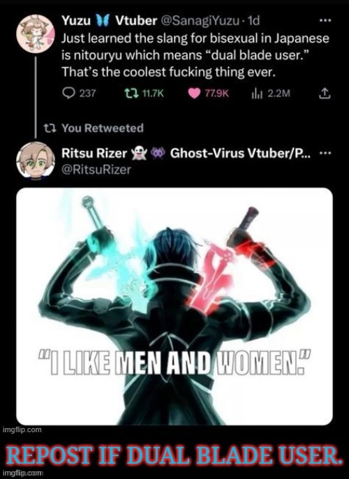 Repost If Dual Blade User | image tagged in repost if dual blade user | made w/ Imgflip meme maker