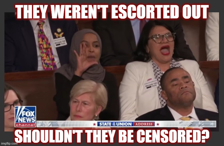 Never seen such disrespect at a SOTU Address | THEY WEREN'T ESCORTED OUT; SHOULDN'T THEY BE CENSORED? | image tagged in american politics,politics,sotu,liberals,maga | made w/ Imgflip meme maker