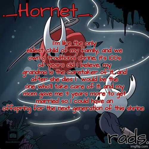 I'm 18, only have my freedom for 21 | I'm like the only eldest child of my family, and we own a traditional shrine, it's 100s of years old I believe, my grandma is the caretaker of it, and after she dies I  would be the one who'll take care of it, and my mom gave me 3 years more to get married so I could have an offspring for the next generation of this shrine | image tagged in hornet and radium temp | made w/ Imgflip meme maker