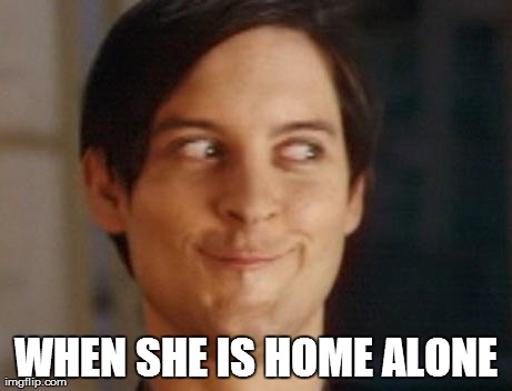 Spiderman Peter Parker Meme | WHEN SHE IS HOME ALONE | image tagged in memes,spiderman peter parker | made w/ Imgflip meme maker