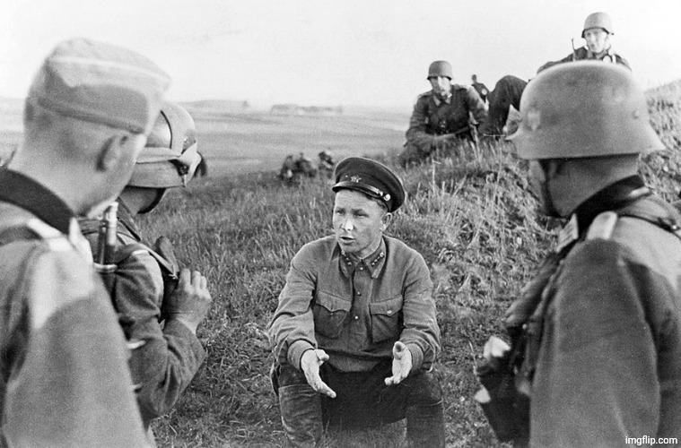 Nazi officers interrogate a captured Soviet | image tagged in nazi officers interrogate a captured soviet | made w/ Imgflip meme maker