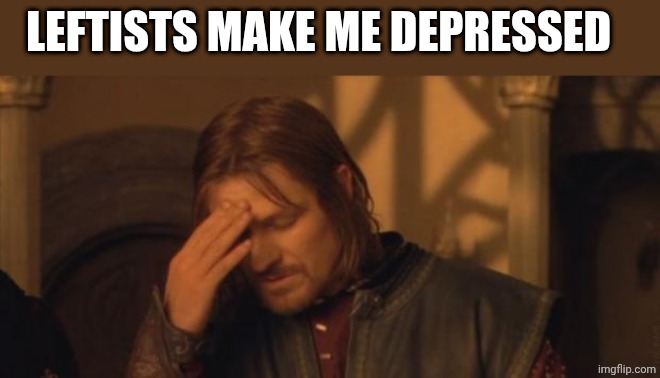 I'm tired of these people | LEFTISTS MAKE ME DEPRESSED | image tagged in boromir facepalm | made w/ Imgflip meme maker
