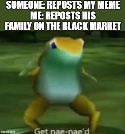 Get Nae-Naed | SOMEONE: REPOSTS MY MEME
ME: REPOSTS HIS FAMILY ON THE BLACK MARKET | image tagged in get nae-naed | made w/ Imgflip meme maker
