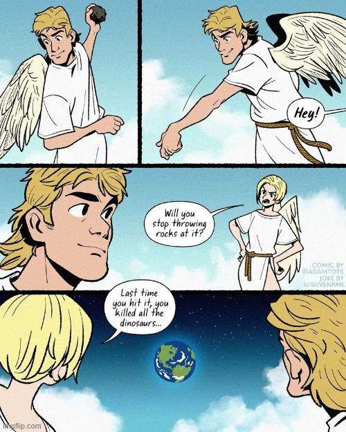 image tagged in angel,angels,rock,throw,earth,meteor | made w/ Imgflip meme maker