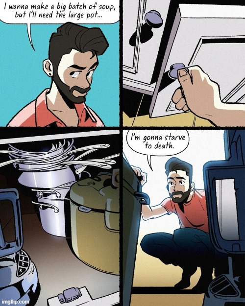 image tagged in soup,cooking,pot,large,cabinet,trapped | made w/ Imgflip meme maker