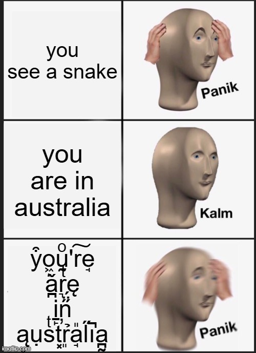 Panik Kalm Panik | you see a snake; you are in australia; y͒o͖ͅṵͦ'r͠e̘ ǎ̪r͉ͭę i̠̙n̋̈́ ą̥ụsͭt͓̕r͈̉a̘̎l̋i̚a̪̰ | image tagged in memes,panik kalm panik | made w/ Imgflip meme maker