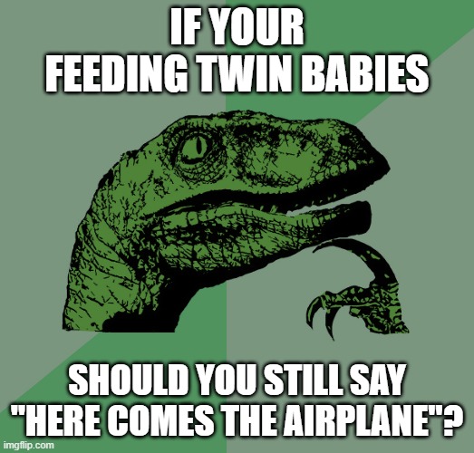 Hell nah | IF YOUR FEEDING TWIN BABIES; SHOULD YOU STILL SAY "HERE COMES THE AIRPLANE"? | image tagged in philosoraptor,memes,funny,dark humor,twins,9/11 | made w/ Imgflip meme maker