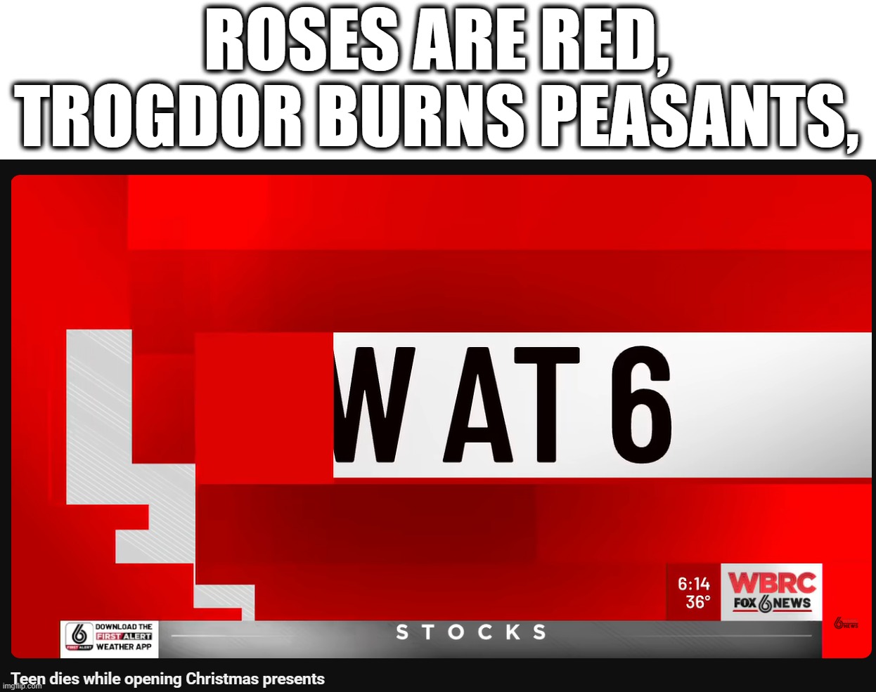 Hope this rhymes... | ROSES ARE RED,
TROGDOR BURNS PEASANTS, | image tagged in roses are red,christmas,news,trogdor,matt rose,why are you reading the tags | made w/ Imgflip meme maker