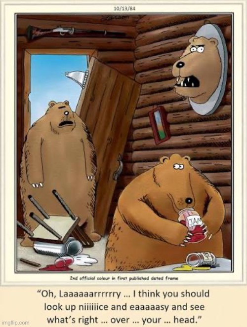 A discovery too horrible to bear… | image tagged in the far side,comics,bears,cabin,look up,bear head | made w/ Imgflip meme maker
