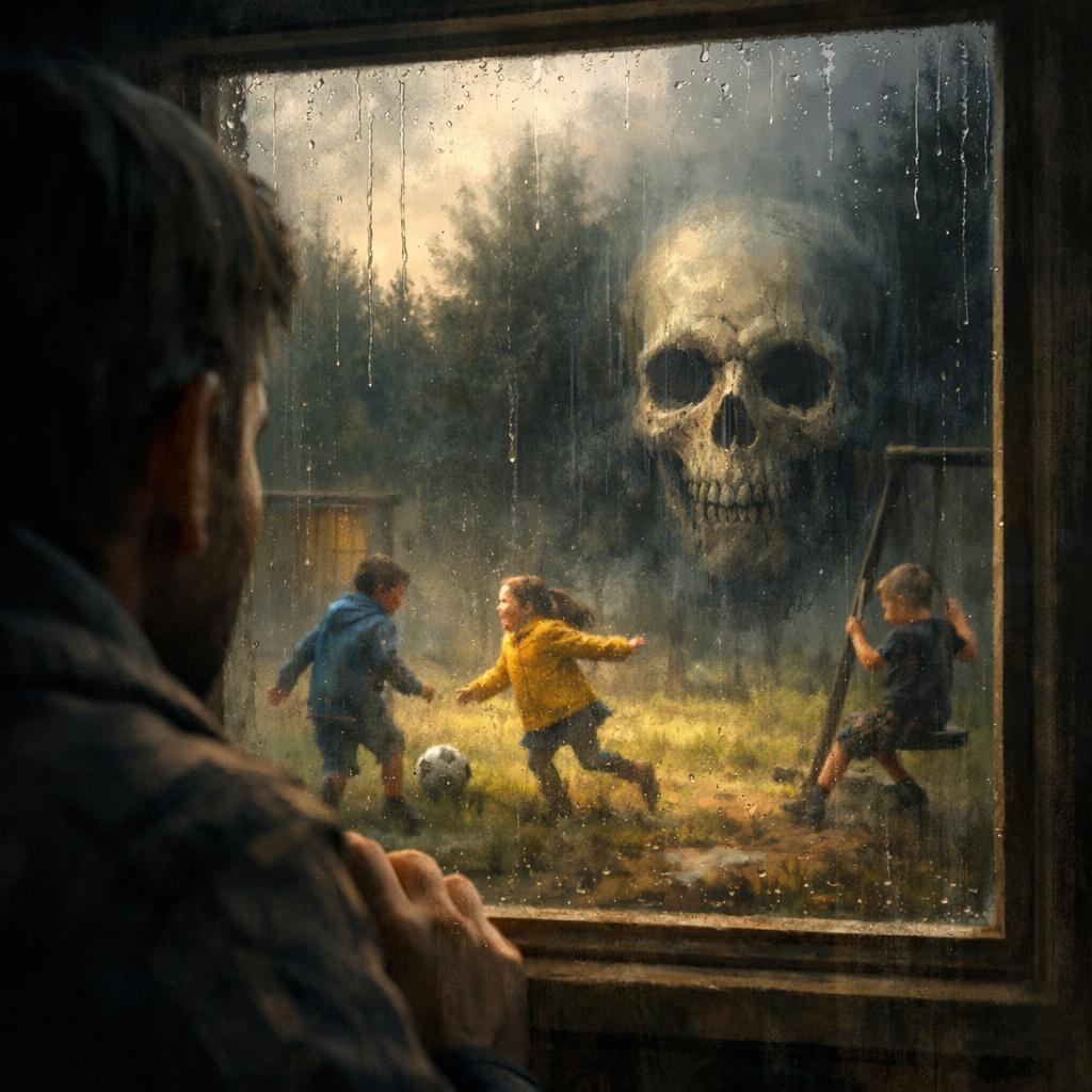 someone looking trough a window seeing kids play and sees a skul Blank Meme Template