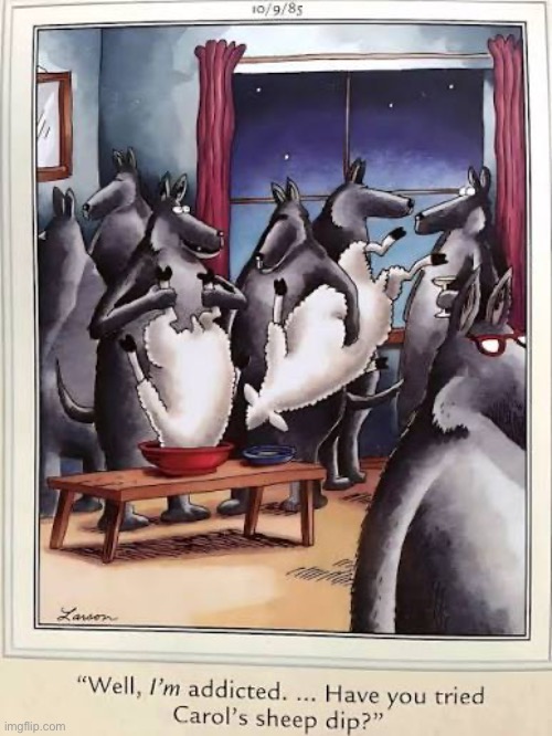 Watch out for the “double sheep dip”! | image tagged in the far side,comics,wolves,sheep dip,addicted,try it | made w/ Imgflip meme maker