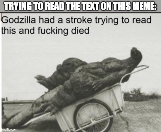 Godzilla | TRYING TO READ THE TEXT ON THIS MEME: | image tagged in godzilla | made w/ Imgflip meme maker