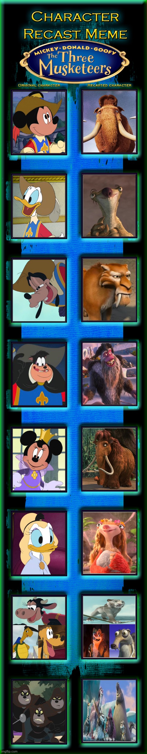 Manny, Sid, and Diego: The Three Musketeers | image tagged in mickey donald goofy the three musketeers cast meme | made w/ Imgflip meme maker