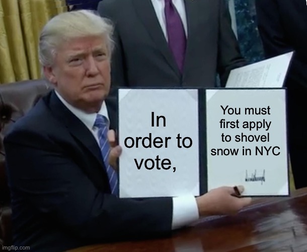 Problem solved | In order to vote, You must first apply to shovel snow in NYC | image tagged in memes,trump bill signing,voter fraud,save,president trump | made w/ Imgflip meme maker