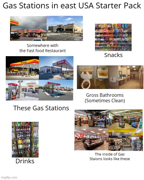 Gas Station in East USA Starter Pack | Gas Stations in east USA Starter Pack; Somewhere with the Fast food Restaurant; Snacks; Gross Bathrooms (Sometimes Clean); These Gas Stations; The inside of Gas Staions looks like these; Drinks | image tagged in gas stations,starter pack | made w/ Imgflip meme maker