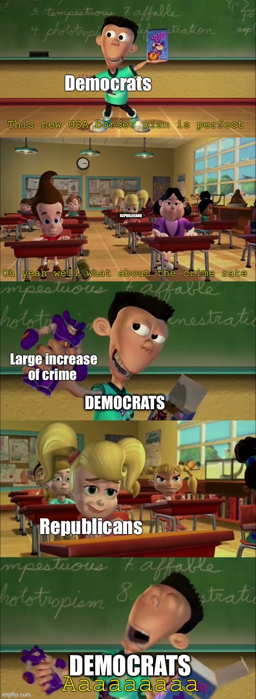 Roasted | Democrats; This new USA border plan is perfect; REPUBLICANS; Oh yeah well what about the crime rate; Large increase of crime; DEMOCRATS; Republicans; DEMOCRATS; Aaaaaaaaa | image tagged in jimmy neutron sheen,republican | made w/ Imgflip meme maker
