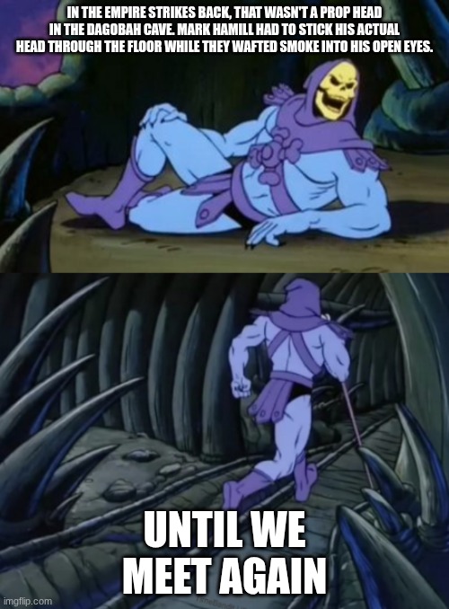 it true | IN THE EMPIRE STRIKES BACK, THAT WASN'T A PROP HEAD IN THE DAGOBAH CAVE. MARK HAMILL HAD TO STICK HIS ACTUAL HEAD THROUGH THE FLOOR WHILE THEY WAFTED SMOKE INTO HIS OPEN EYES. UNTIL WE MEET AGAIN | image tagged in disturbing facts skeletor,star wars | made w/ Imgflip meme maker