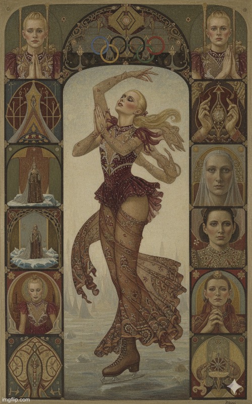 Tonya Harding Tapestry | image tagged in tonya harding,remedios varo,surrealism,olympics,ai art,brian einersen | made w/ Imgflip meme maker