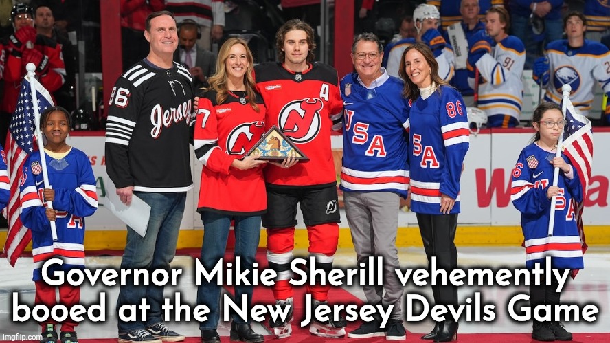 Democrats are so hated , how do they keep winning elections ? | Governor Mikie Sherill vehemently booed at the New Jersey Devils Game | image tagged in democrats democratting,for the people,well yes but actually no,blue state,decisions,task failed successfully | made w/ Imgflip meme maker