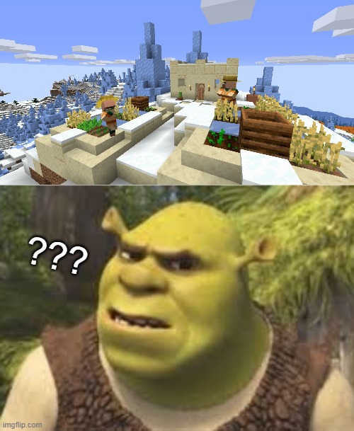 A desert village on Ice Spikes biome? | ??? | image tagged in confused shrek,glitch,minecraft,villager,shrek,error | made w/ Imgflip meme maker