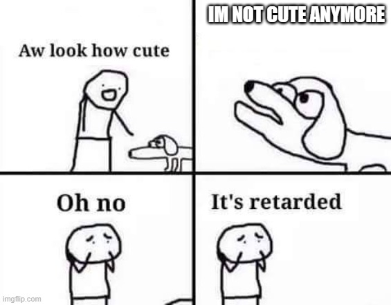 retarded dog | IM NOT CUTE ANYMORE | image tagged in retarded dog | made w/ Imgflip meme maker