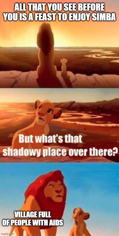 We Don't Eat That | ALL THAT YOU SEE BEFORE YOU IS A FEAST TO ENJOY SIMBA; VILLAGE FULL OF PEOPLE WITH AIDS | image tagged in memes,simba shadowy place | made w/ Imgflip meme maker