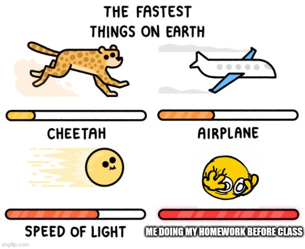 :( | ME DOING MY HOMEWORK BEFORE CLASS | image tagged in fastest thing possible | made w/ Imgflip meme maker